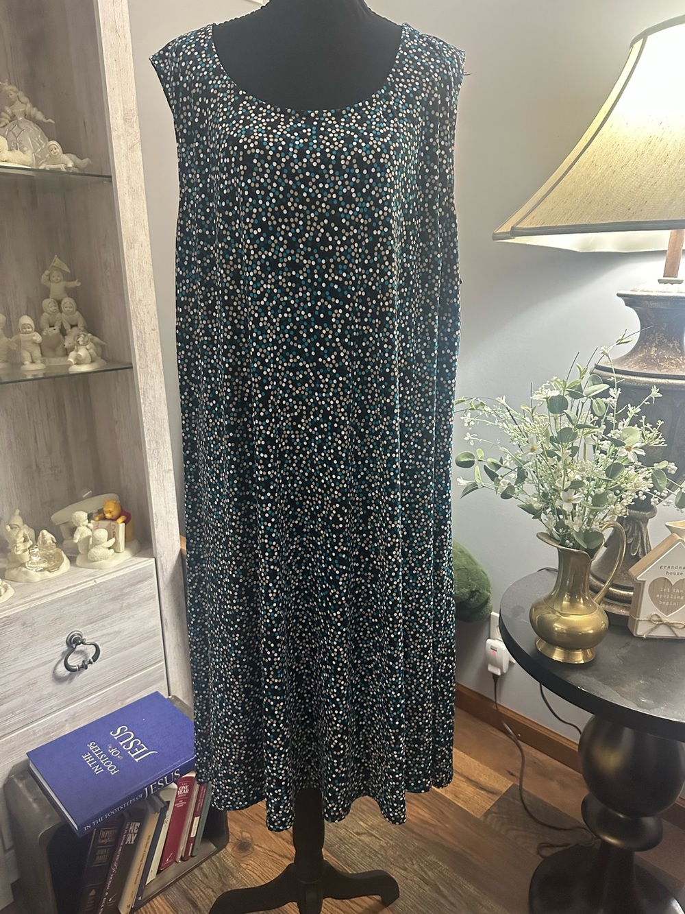Perceptions Black Maxi Skirt with White and Teal Dot Print